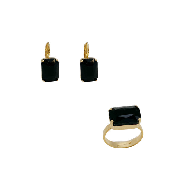 SET RONCHA BLACK|טבעת ועגילים בציפוי זהב וקריסטלים