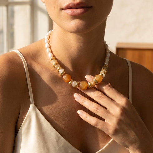 SAMANTHA NECKLACE PEARLS CHAMP  |שרשרת פנינים טבעיות ואבני סיטרין